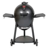 Char-Griller AKORN kamado in graphite on a wheeled cart with two slatted side shelves and a lower shelf