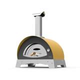 Yellow Alfa Ciao wood fired pizza oven on its short steel feet, stainless door and flue, three-quarter view