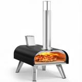 Black Big Horn 12 inch pellet pizza oven with a tall steel chimney, roof hopper and folding legs, a pizza baking inside