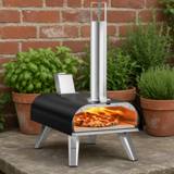 Big Horn 12 inch pizza oven in black with its chimney on a stone ledge, pizza baking inside