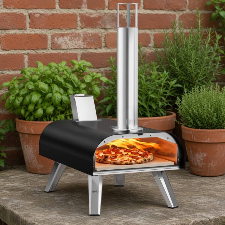 Big Horn 12 inch pizza oven in black with its chimney on a stone ledge, pizza baking inside