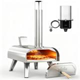 Silver Big Horn 12 inch pizza oven with a pizza on the stone, its door, and the propane burner with hose beside it