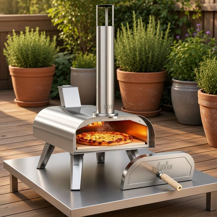 Big Horn 12-inch stainless pizza oven on a steel table on a deck, a pizza on the stone and its door beside it