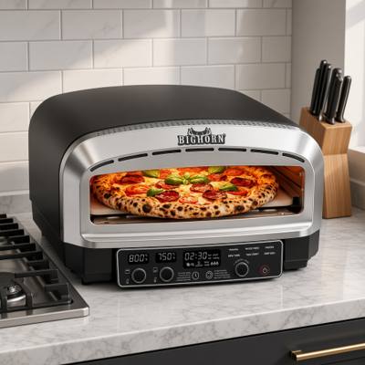 Big Horn 14 inch indoor oven on a marble kitchen counter beside a hob, pizza behind the window