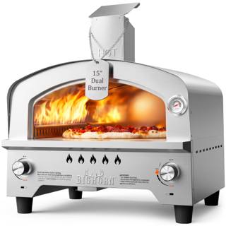 Big Horn 15 inch stainless gas pizza oven with flames along the chamber walls and a pizza on the stone