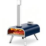 Navy blue Big Horn 16 inch pizza oven on splayed steel legs, flames rolling over a pizza on the stone