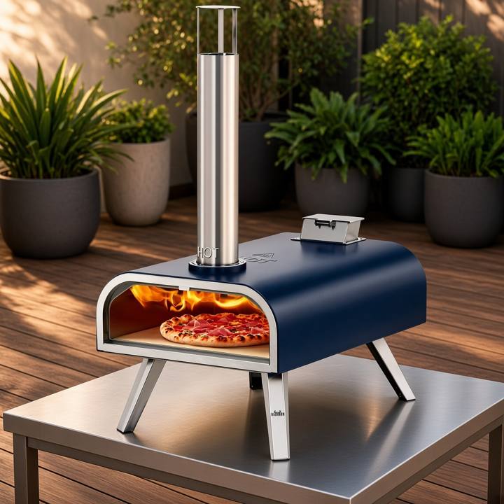 Big Horn 16-inch navy pizza oven on a steel table on a timber deck, fire lit and a pizza on the stone