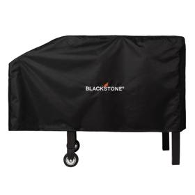 Black Blackstone 1529 griddle cover fitted over a wheeled griddle cart, white logo on the front panel