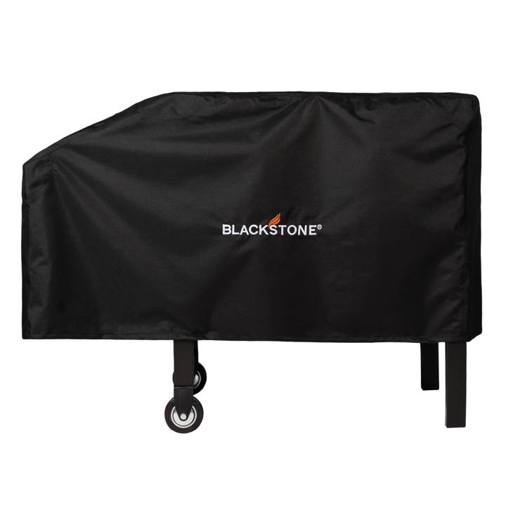 Black Blackstone 1529 griddle cover fitted over a wheeled griddle cart, white logo on the front panel