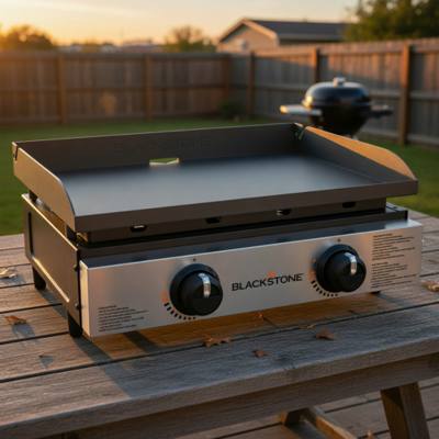Blackstone 22-inch tabletop griddle on a wooden deck at sunset, stainless front plate and two control knobs, seen from the front left