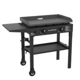 Blackstone 1517 28 inch griddle with its left side shelf folded out, bottom shelf, and two wheels on the left legs