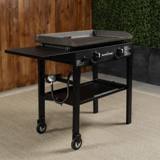 Blackstone 1517 griddle on a patio rug by a wooden fence, propane regulator and hose hanging below the left side shelf