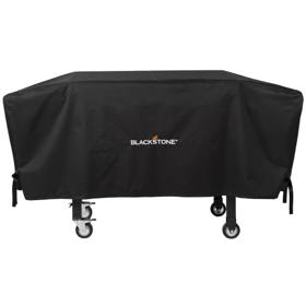 Black Blackstone 1528 cover fitted over a 36 inch griddle cart, its side straps hanging above the caster wheels