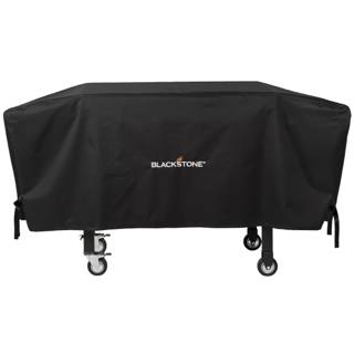 Black Blackstone 1528 cover fitted over a 36 inch griddle cart, its side straps hanging above the caster wheels