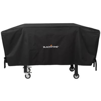 Black Blackstone 1528 cover fitted over a 36 inch griddle cart, its side straps hanging above the caster wheels