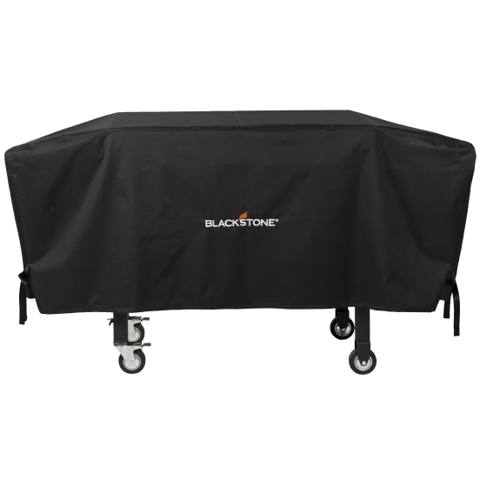 Black Blackstone 1528 cover fitted over a 36 inch griddle cart, its side straps hanging above the caster wheels