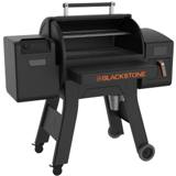 Blackstone 900 pellet grill with its hood open, two racks inside, and the air fryer drawer box on the right side
