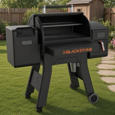 Blackstone 900 pellet grill with air fryer box on a backyard lawn, hood open, garden path and fence behind