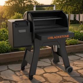 Blackstone 900 pellet grill on a flagstone patio, hood open, raised garden beds behind it in evening sun