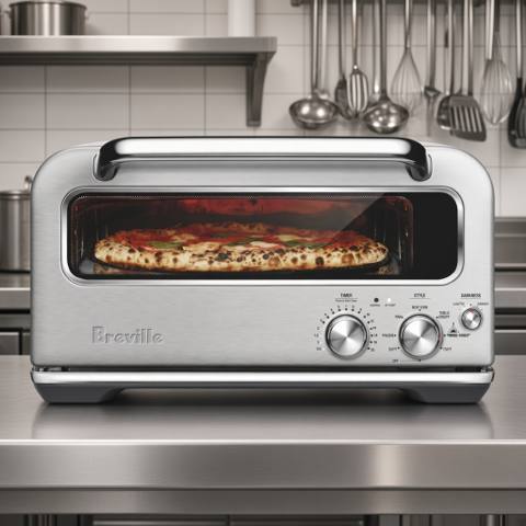 Breville Smart Oven Pizzaiolo in brushed stainless on a kitchen bench, a pizza baking inside