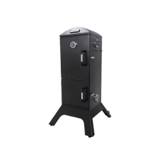 Broil King 923610 charcoal cabinet smoker at an angle, two latched doors, door thermometer, round side dampers