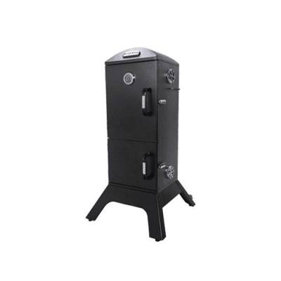 Broil King 923610 charcoal cabinet smoker at an angle, two latched doors, door thermometer, round side dampers