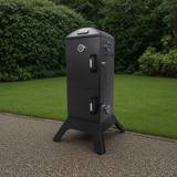 Broil King 923610 charcoal cabinet smoker at an angle, two latched doors, door thermometer, round side dampers