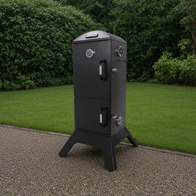 Broil King 923610 charcoal cabinet smoker at an angle, two latched doors, door thermometer, round side dampers