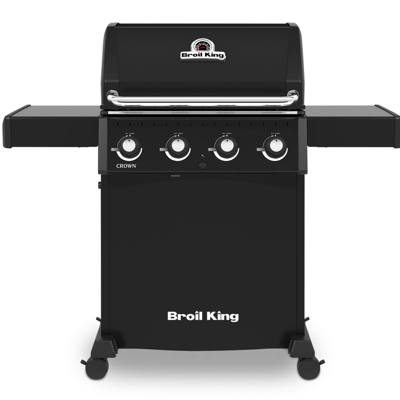 Broil King Crown 410 Shadow in black, lid closed, both side shelves raised and four knobs across the front