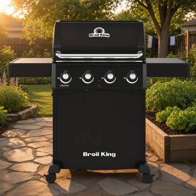 Broil King Crown 410 Shadow in black, lid closed, both side shelves raised and four knobs across the front