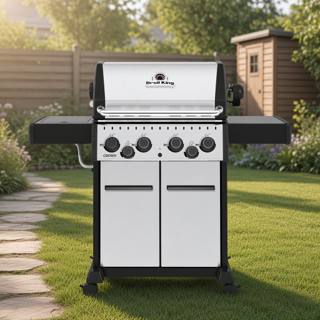 Stainless Broil King Crown gas grill on a mown lawn, black side shelves out, four knobs, wood fence behind