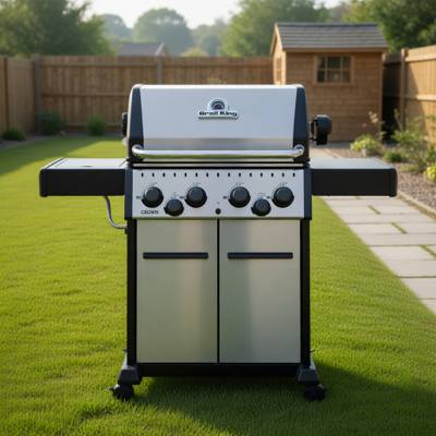 Stainless Broil King Crown gas grill on a mown lawn, black side shelves out, four knobs, wood fence behind