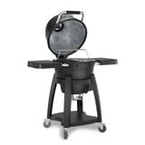 Broil King Keg Kamado Charcoal grill, black keg-shaped body on a wheeled cart, on patio flagstones at dusk