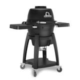 Keg Kamado Charcoal from the front left, lid closed, thermometer in the lid badge, four locking castors
