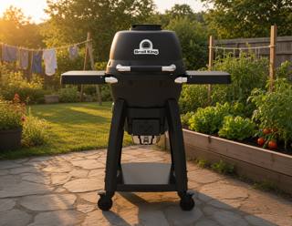 Broil King Keg Kamado Charcoal grill, black keg-shaped body on a wheeled cart, on patio flagstones at dusk