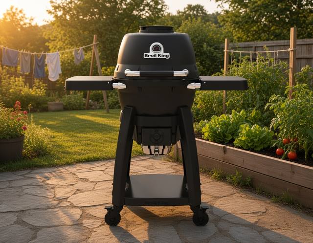 Broil King Keg Kamado Charcoal grill, black keg-shaped body on a wheeled cart, on patio flagstones at dusk