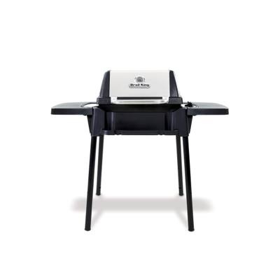 Broil King Porta-Chef 120 portable gas grill, lid closed, black cast cook box with stainless lid face, standing on four black snap-in legs