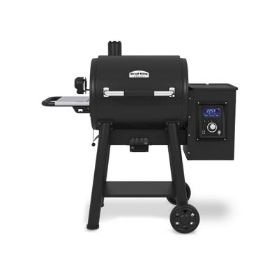 Broil King Regal Pellet 400 pellet grill, black barrel lid with stainless handle, side hopper and lit digital controller