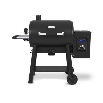 Broil King Regal Pellet 500 in profile, barrel lid, stainless handle, side shelf and hopper-mounted controller