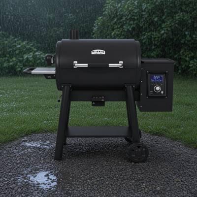 Broil King Regal Pellet 500 in profile, barrel lid, stainless handle, side shelf and hopper-mounted controller