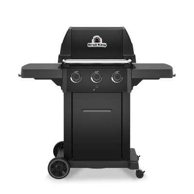 Broil King Royal 320 Shadow gas grill in matte black, lid closed, side shelves out, cabinet door shut