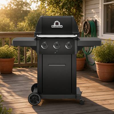 Broil King Royal 320 Shadow gas grill in matte black, lid closed, side shelves out, cabinet door shut