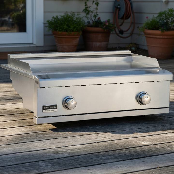 Broilmaster stainless griddle head on a weathered deck, bare flat plate with rear backsplash, two round front knobs