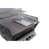 Close-up inside the P3SX cookbox: stainless griddle dropped in beside the multi-level rod cooking grid