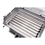 Close-up inside the P3SX: stainless louvred blades set over the burner, folding warming rack above them