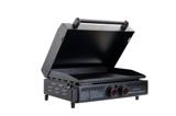 Black Camp Chef Gridiron Gameday griddle with its hinged lid raised over the flat top, two red-ringed knobs in front