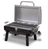 Char-Broil 465640214 with the lid raised, showing the stainless wire grate above slotted emitter plates