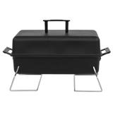 Char-Broil 190 portable charcoal grill on white, lid closed, wire legs down, a black handle at each end