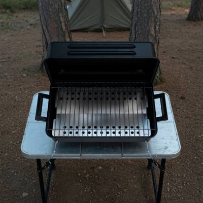 Black Char-Broil portable charcoal grill open on a camp table, pine trees and a tent behind it