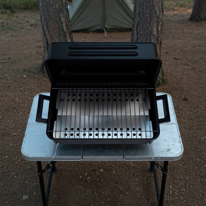 Black Char-Broil portable charcoal grill open on a camp table, pine trees and a tent behind it